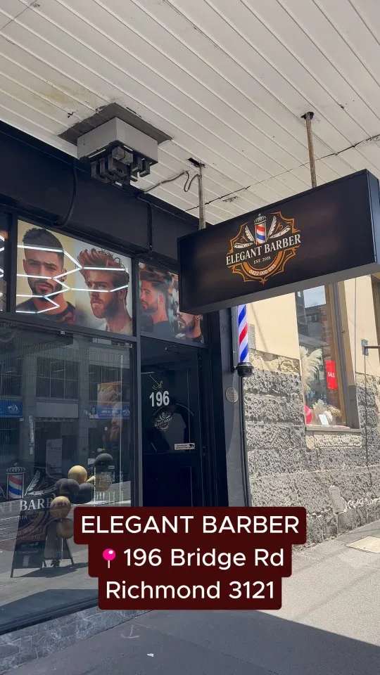 Elegant Barber Bridge Road shopfront — EST 2018 crest sign, barber pole, 196 Bridge Road