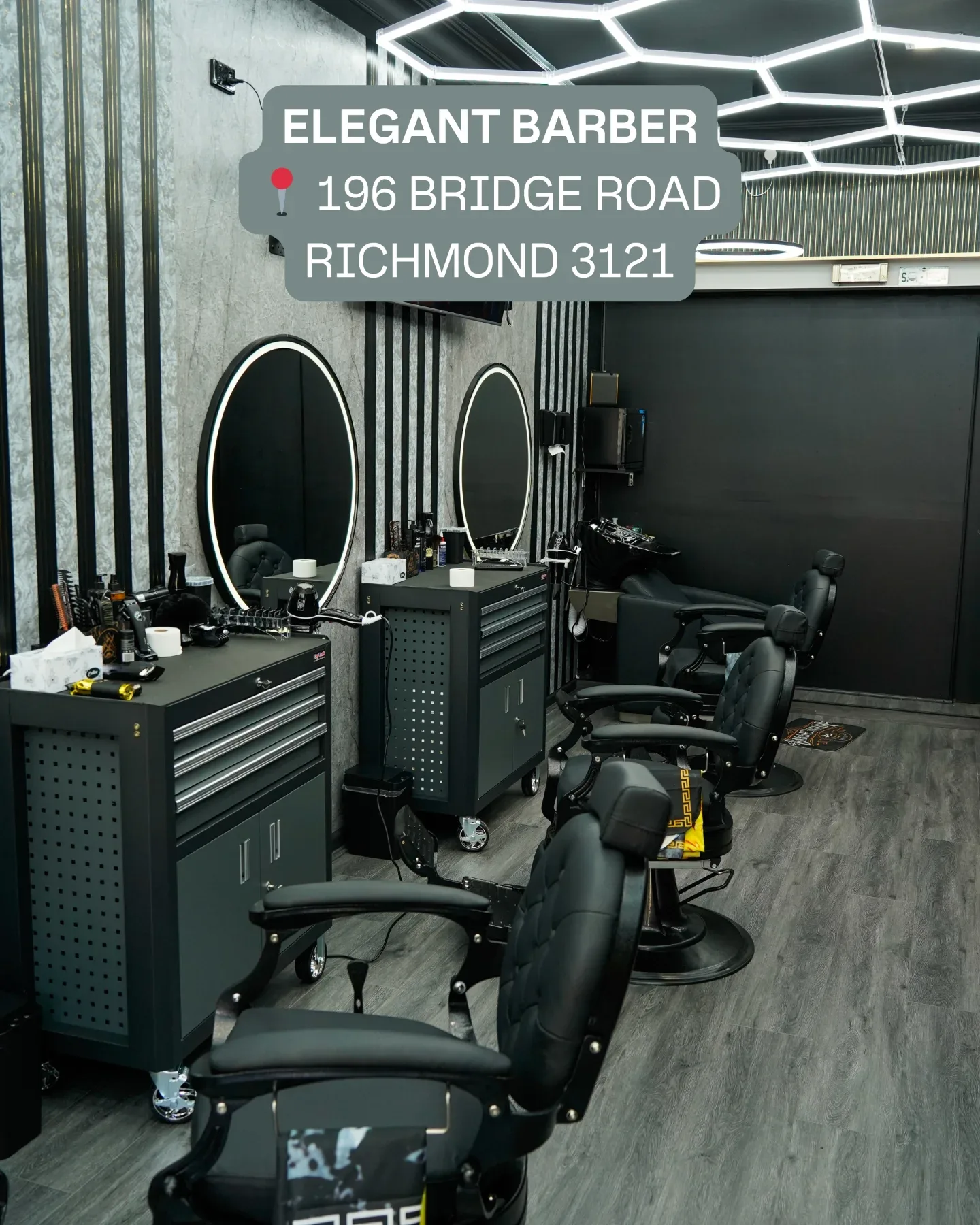 Elegant Barber Richmond interior — row of barber chairs, hexagon LED ceiling, ring-lit mirrors